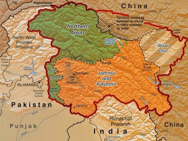 Спорный Кашмир: зеленый – под контролем Пакистана. Оранжевый – контролируемые Индией Джамму и Кашмир, Аксай-Чин – под контролем Китая