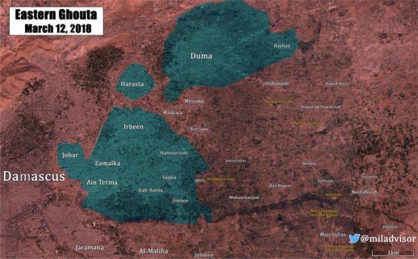В результате успешных действий сирийской армии, после освобождения Месрабы и Мадъяры очаг сопротивления террористов в Восточной Гуте рассечён на три части.