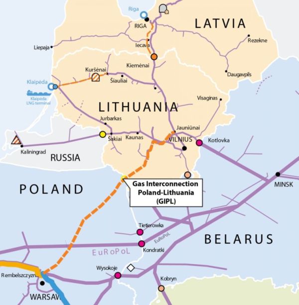 Карта газопроводов. Светло-коричневым пунктиром обозначен строящийся интерконнектор Польша – Литва. Фото biznesalert.pl