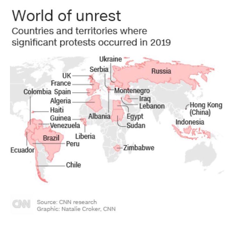 Карта массовых протестов в мире в 2019 году