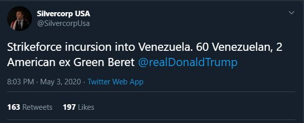 Диверсанты были настолько уверены в успехе операции, что 3 мая в Твиттере ЧВК Silvercorp появилось сообщение о том, что «ударная группа из 60 венесуэльцев и двух бывших “зеленых беретов” отправилась в Венесуэлу».