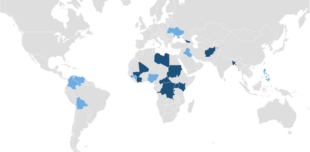 Карта мира глазами Международного уголовного суда (главные объекты удара на карте пока не обозначены)