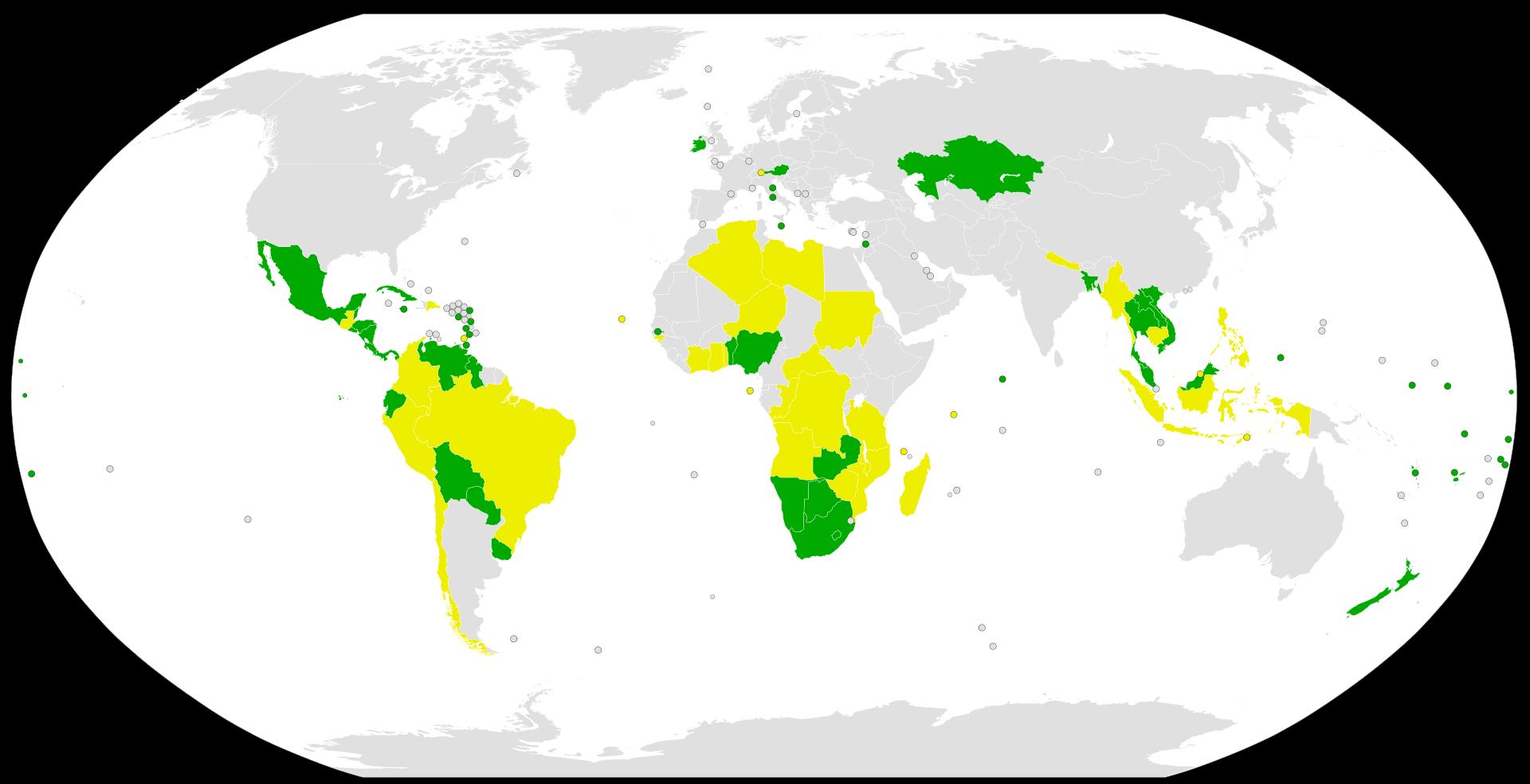 Карта государств-участников нового Договора о запрещении ядерного оружия. Цветом выделены государства-участники (желтым цветом выделены государства, подписавшие Договор, зелёным – государства, ратифицировавшие его)