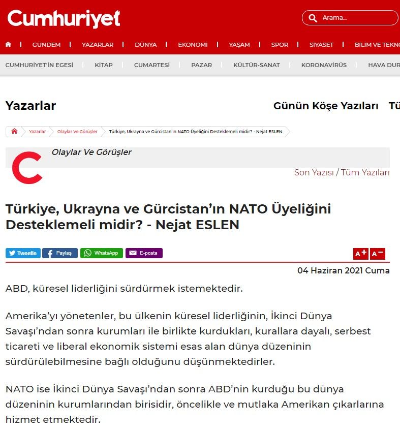 Cumhuriyet: вступление Украины и Грузии в НАТО грозит Турции полным американским окружением
