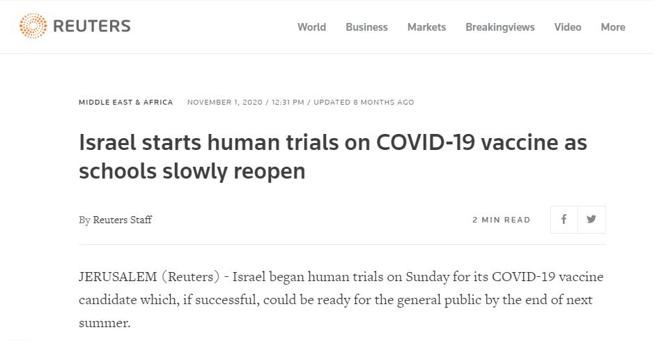 Как сообщал Reuters, первый этап клинических испытаний израильской вакцины начался 1 ноября 2020 года. До конца года вакцину ввели тысяче добровольцев.