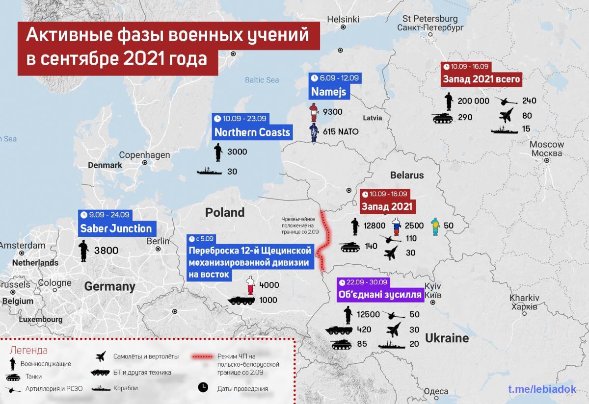 Места проведения и активные фазы учений Запад-2021