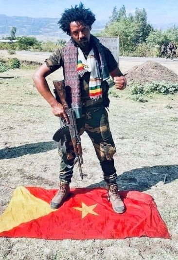 Военнослужащий эфиопской армии топчет флаг Тыграя