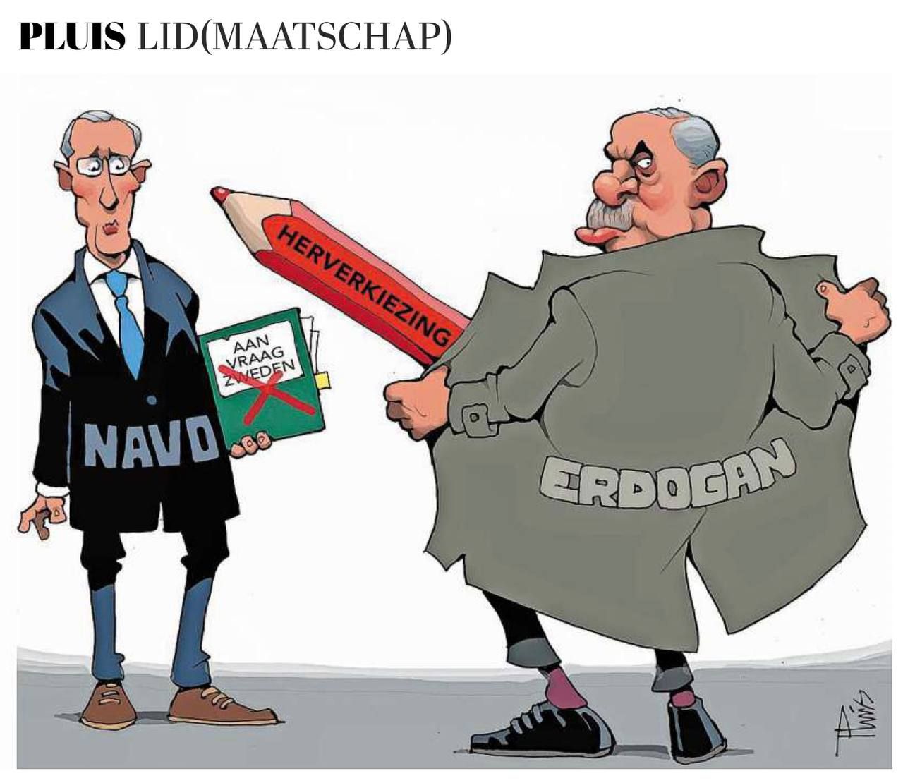 Карикатуристы голландской газеты De Telegraaf изобразили Эрдогана демонстрирующим натовцам и шведам… карандаш с надписью «Досрочные выборы».
