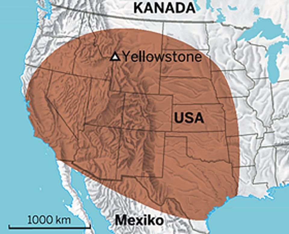 Зона прямого поражения территории США после извержения Йеллоустоуна