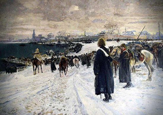 Русские войска у переправы через Рейн 13 января 1814 года. Картина Вильгельма Шройера (1866-1933)