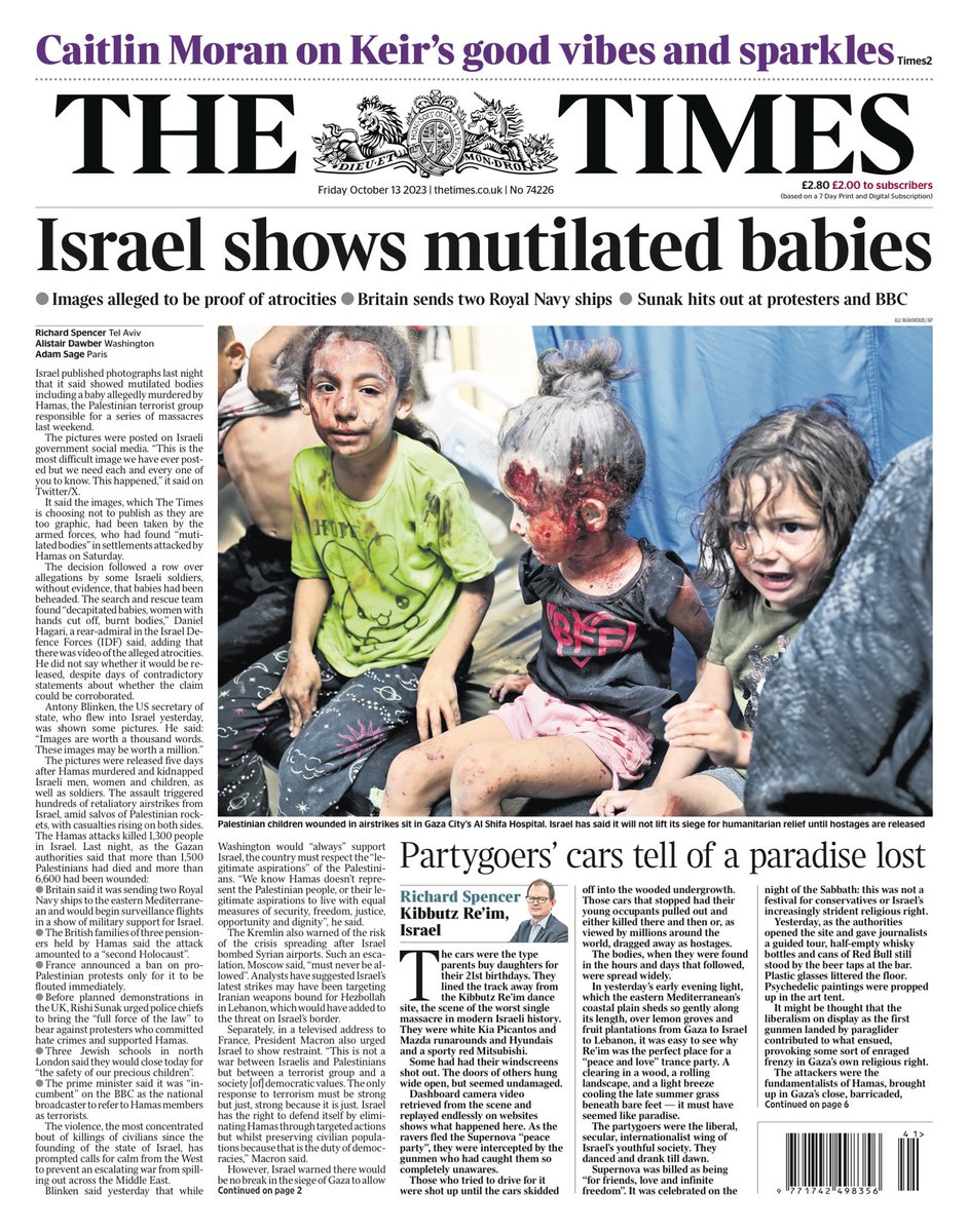 Заголовок британской The Times гласит: «Израиль показывает изуродованных младенцев». Однако в реальности на фото палестинские дети, раненные в результате израильских авиаударов по сектору Газа
