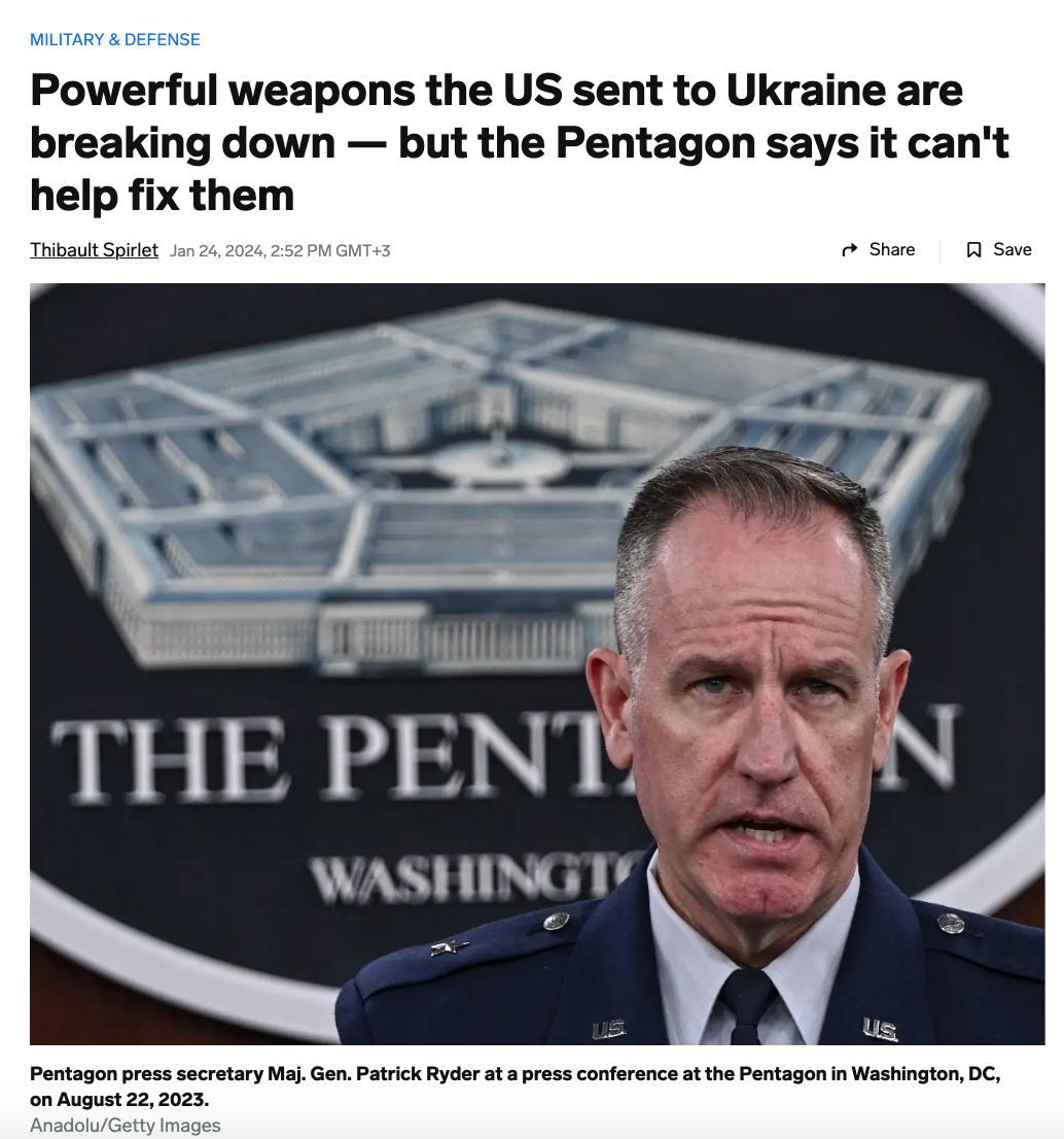 Пентагон: США не могут помочь Украине в ремонте поставленного вооружения: нет денег