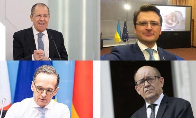 Главы МИД стран «нормандского формата»: Сергей Лавров, Дмитрий Кулеба, Хайко Маас и Жан-Ив Ле Дриан.