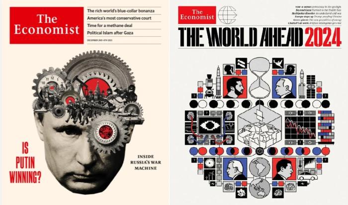 Свежая обложка The Economist не требует привлечения экспертов по дешифровкке пиктограмм для того, чтобы понять, что у России, в отличие от Запада, всё идет как надо